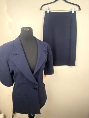 Vintage Krizia Made in Italy Women's Navy 100% Wool Blazer & Skirt Set Size 4/5